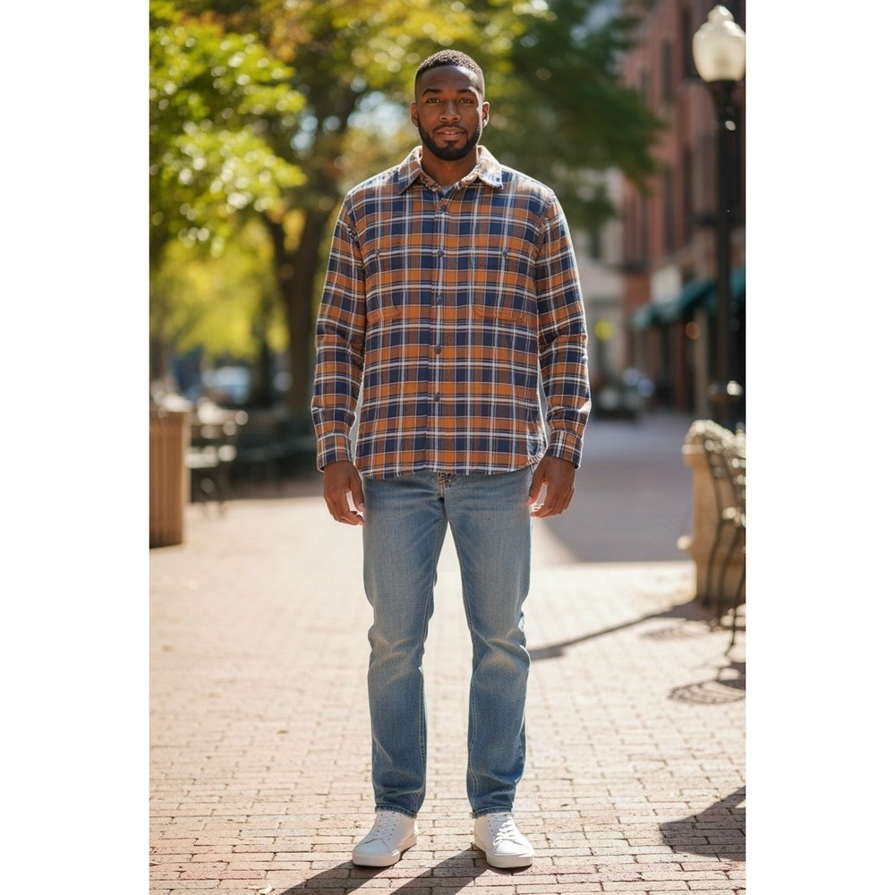 J.Crew Mercantile Mens Large Plaid Flannel Shirt Navy Blue Orange 100% Cotton